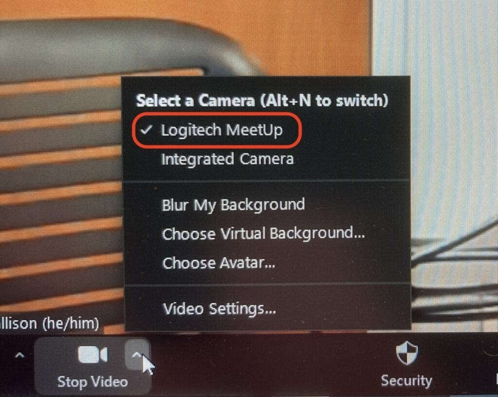 Screenshot of different camera settings in the zoom video conferencing app
