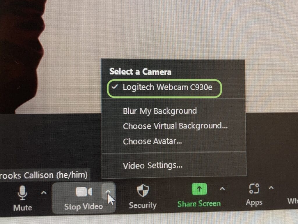 Screenshot of different camera settings in the zoom video conferencing app.