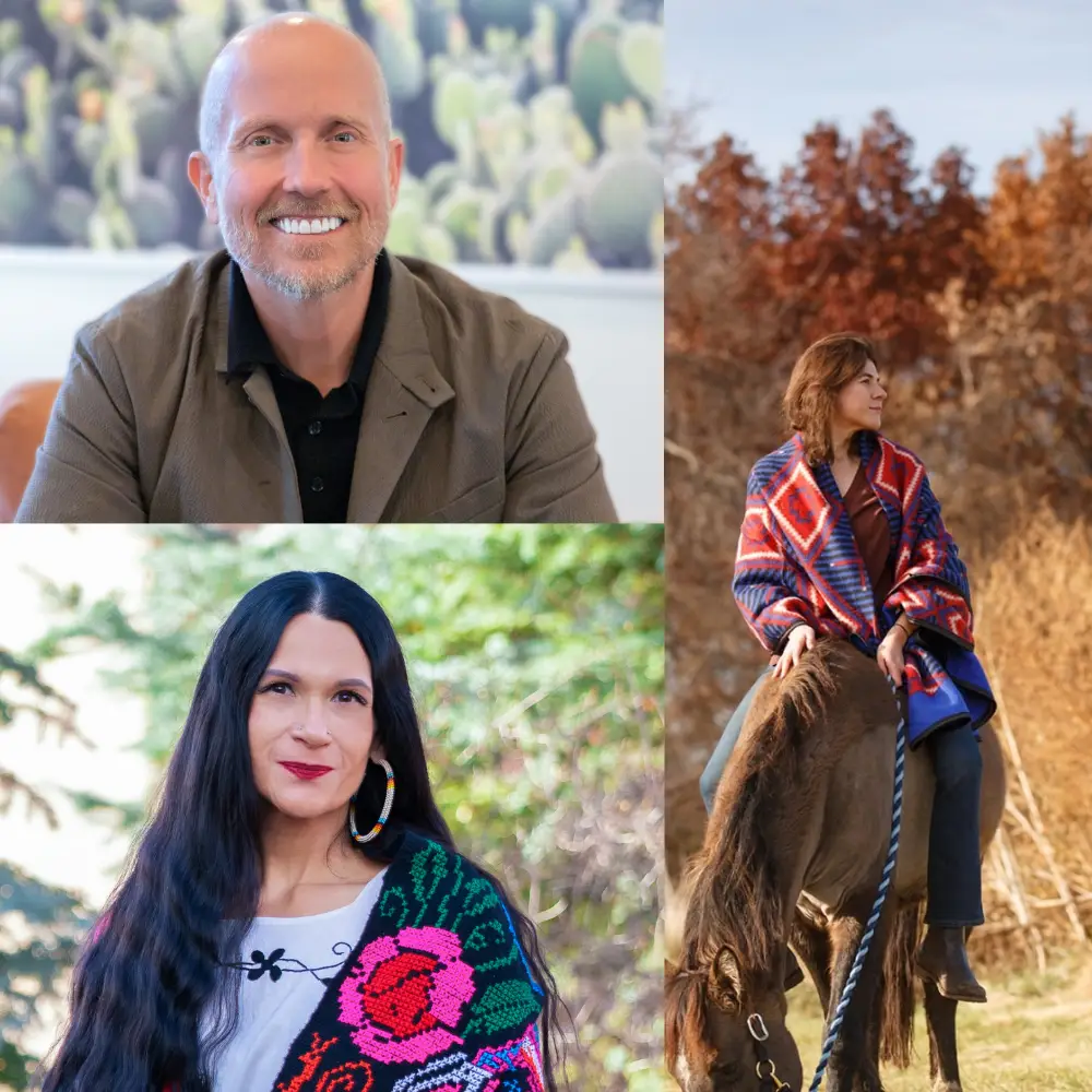 A 3 photo collage. At the top left: Derek Crain smiles into the camera. To the right: Dr. Em Loerzel rides a horse at sunset. She is wearing a heavy red and blue shawl. At the bottom left: Ramona Beltran smiles wearing a multi-colored sweater.