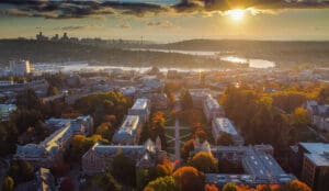 An aerial photo of the UW campus at sunset.
