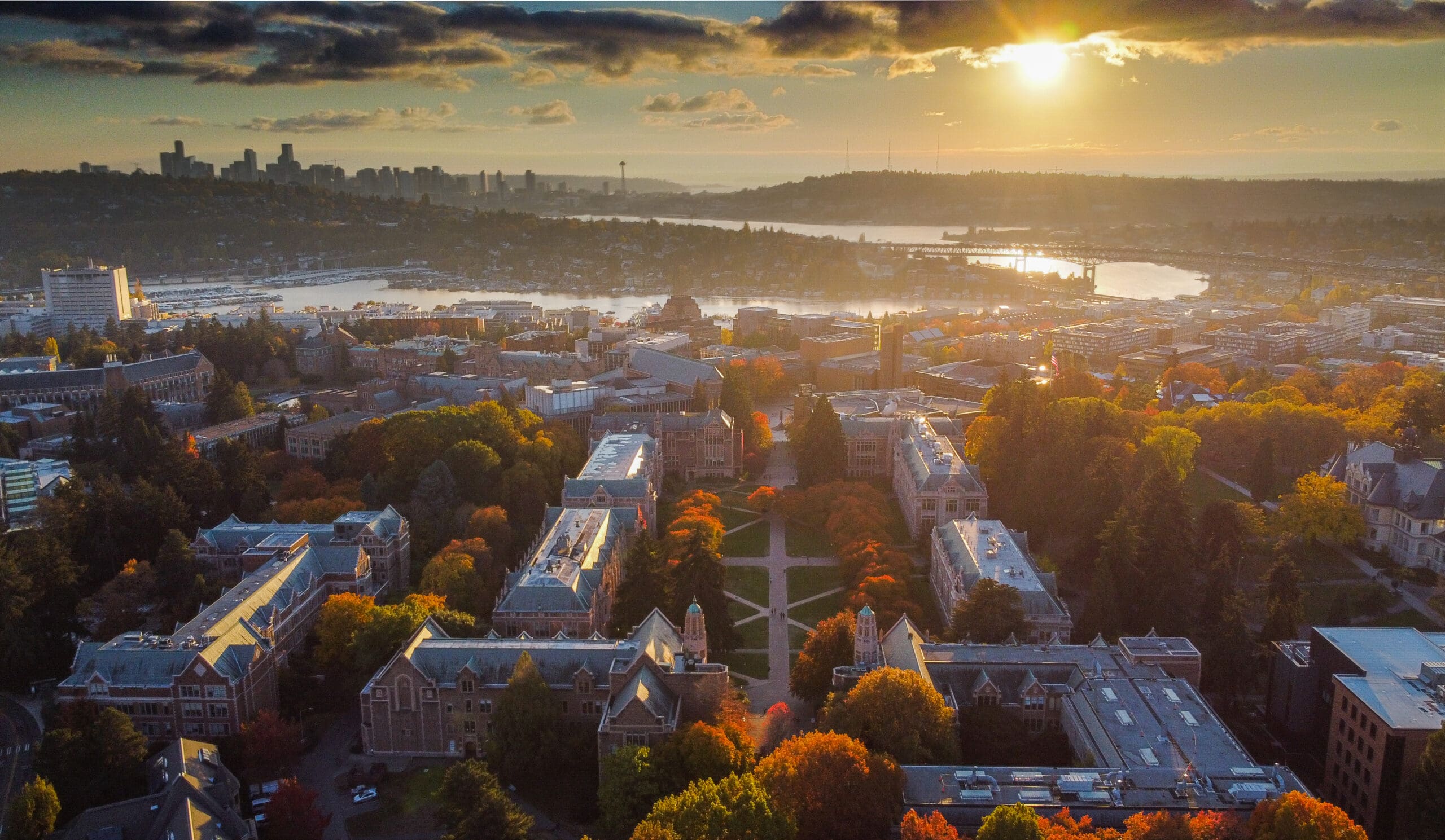 An aerial photo of the UW campus at sunset.