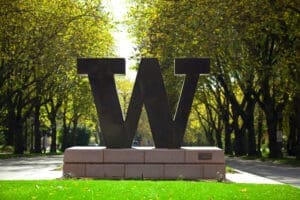The bronze "W" statue on a sunny day.