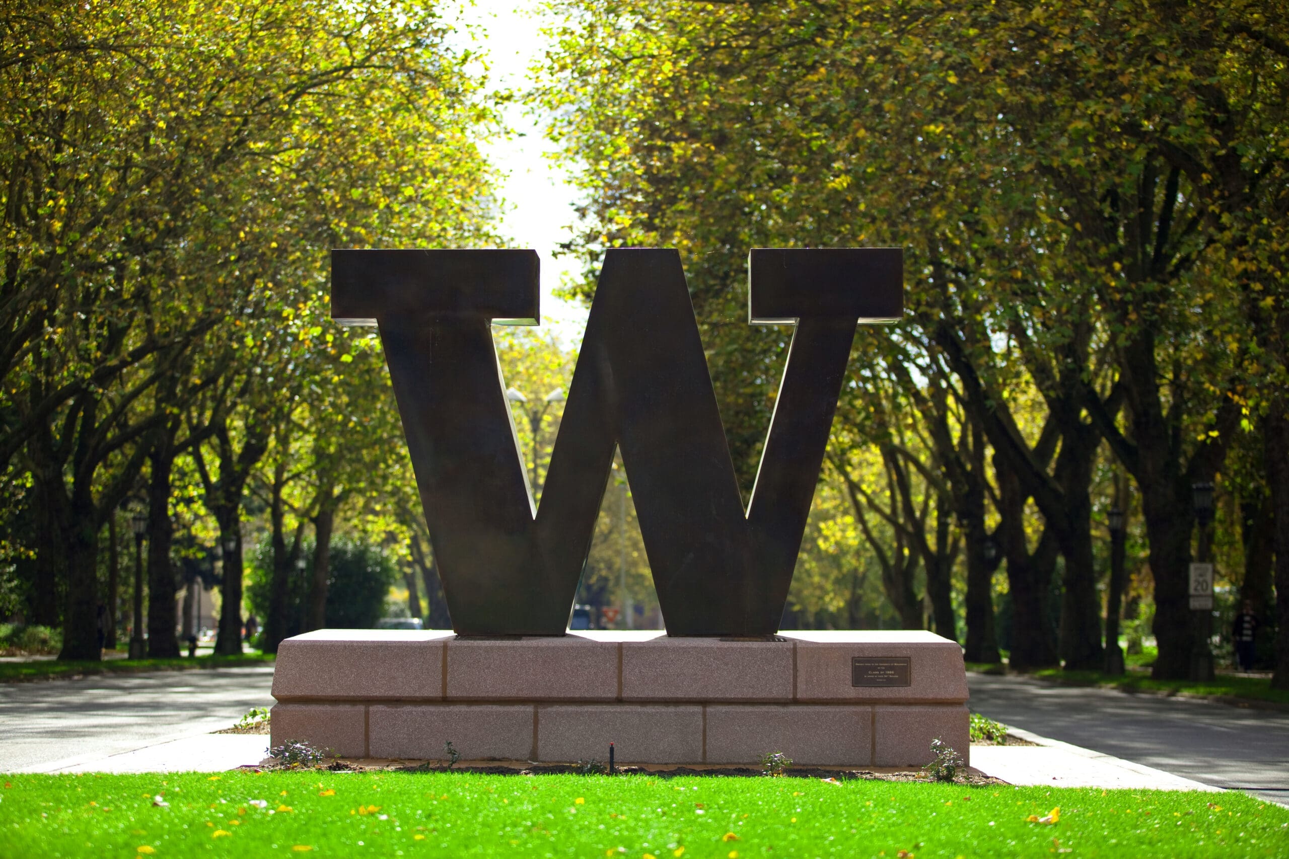 The bronze "W" statue on a sunny day.