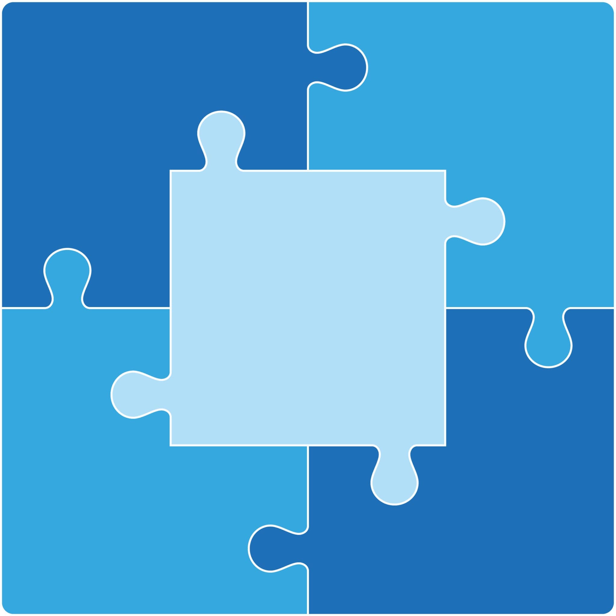 five puzzle pieces fitting together that are all different shades of blue