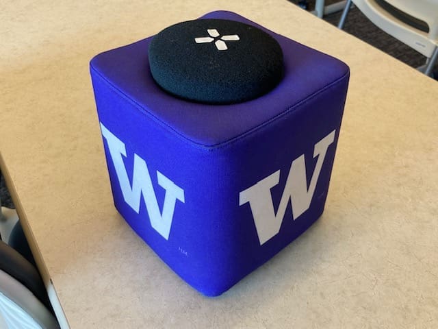 purple cube with white university of washington w logo on each side and a black circular speaker on the top.