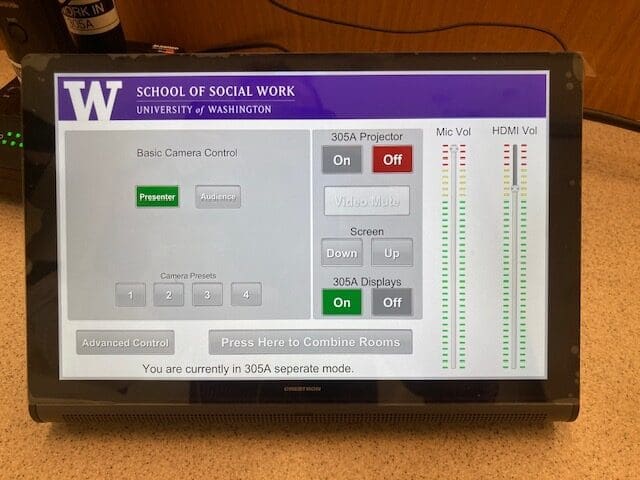 Podium touch screen showing controls for audio visual customization in a classroom