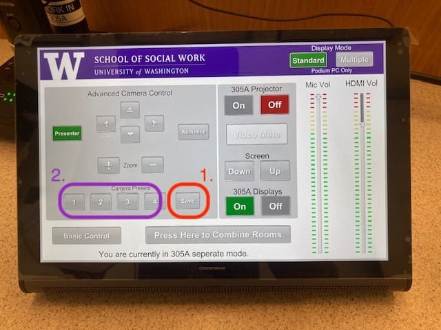 Touchscreen monitor turned on with the university of washington logo at the top and various buttons displayed to control various classroom audio visual needs. The Camera Presets buttons are circled in purple. And the word Save is circled in red.